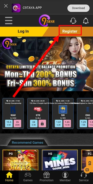 On the homepage, players click on REGISTER